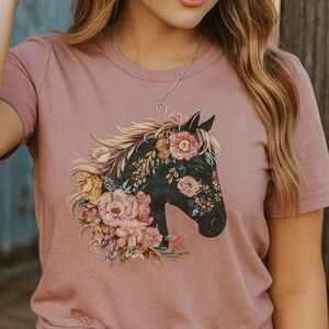Floral Horse Tee • Boho Western Cowgirl Shirt • Mauve Equestrian Graphic Top